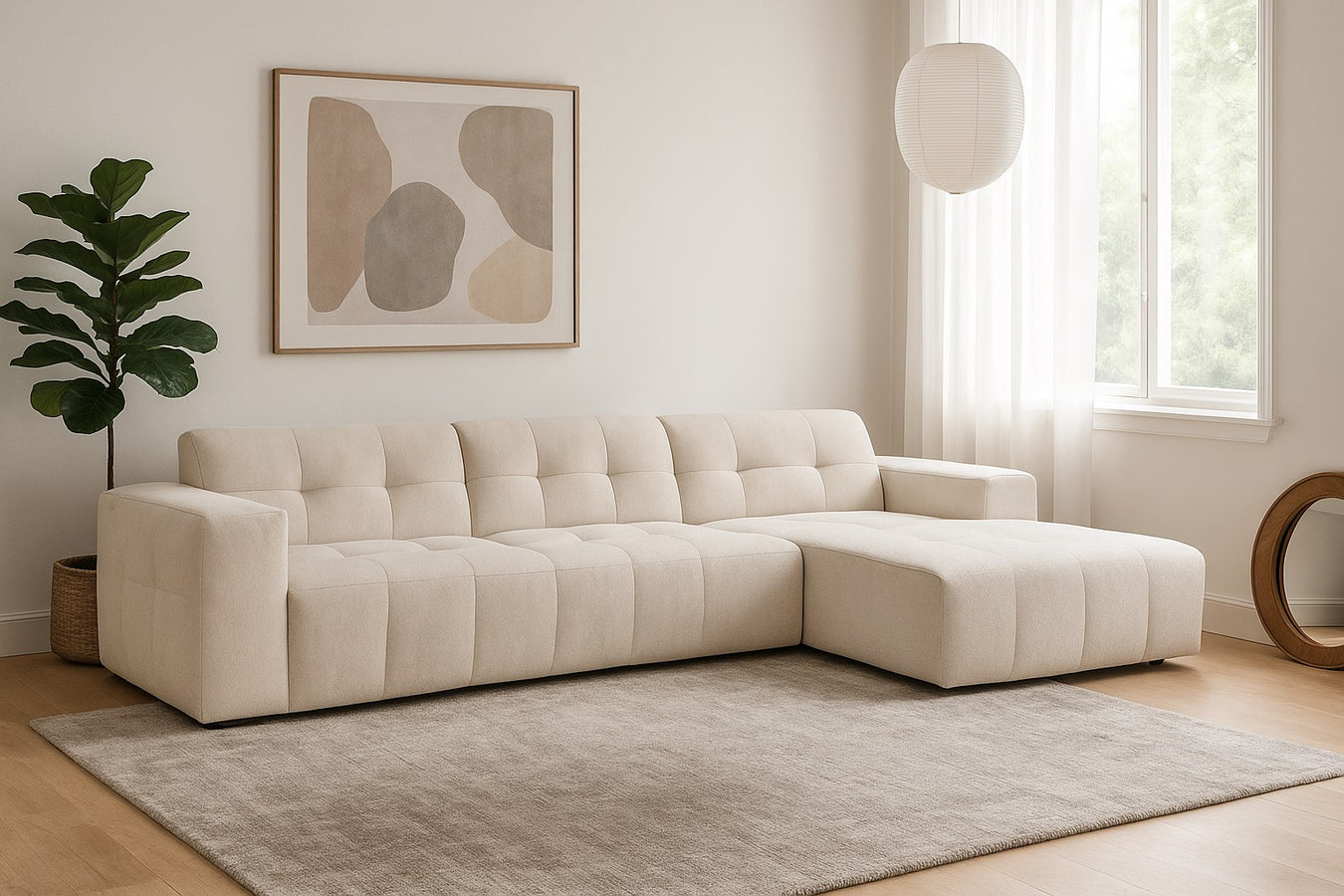 Canapé d’angle Napoli beige clair dans un salon moderne au design scandinave