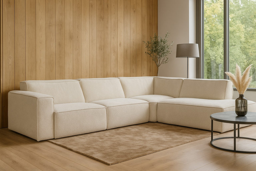 Canapé d’angle modulable Orlando en tissu texturé beige dans un intérieur moderne et chaleureux
